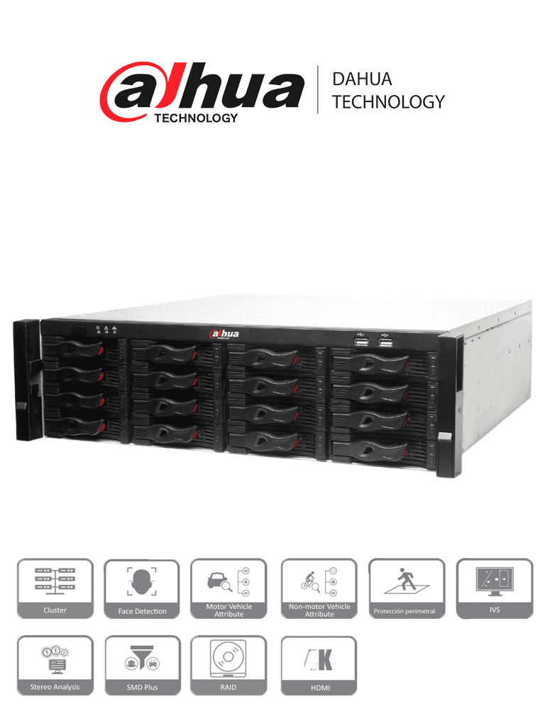Nvr Dahua 128 Canales Ip 4k / H265/ 2 Hdmii/ 16 Interfaz Sata / Rendimiento 384mbps/ Raid/ Iscsi/ Ivs/ Smart Track