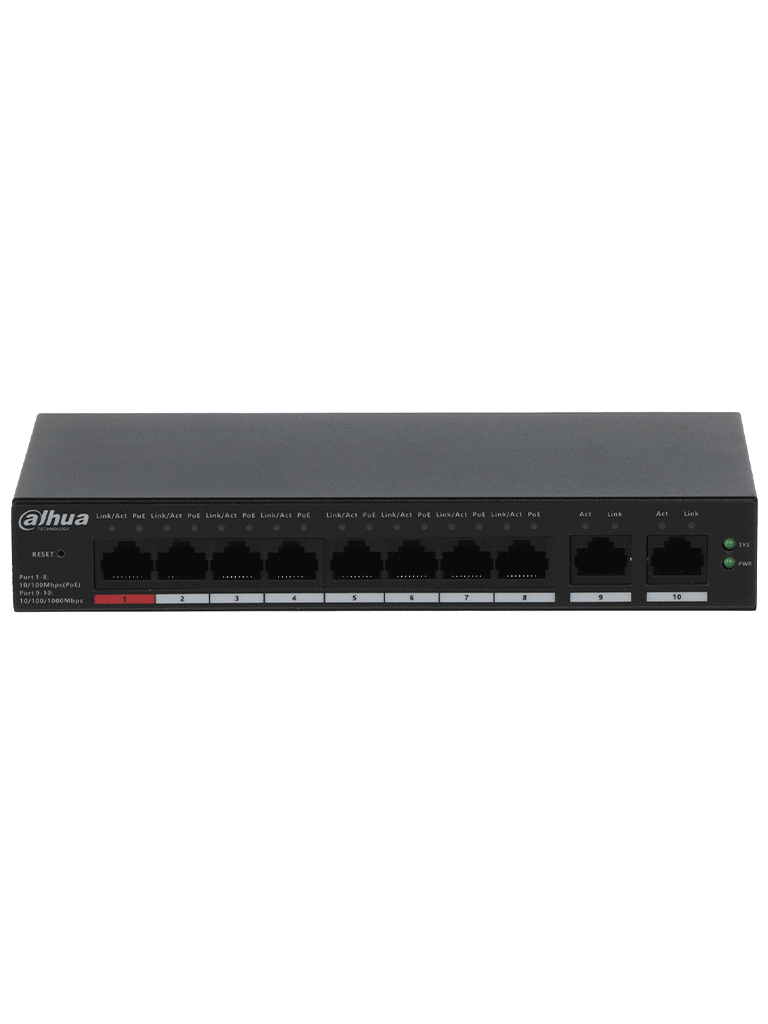 Switch/ Dahua/ Cs4010-8et-110/10 Puertos (8 Puertos Poe 10/100/ 2 Puertos Uplink 10/100/1000/ 110 Watts Totales)administrable En La Nube Por Dolynk Care/poe 250 Metros/carcasa Metalica/switching 5.6