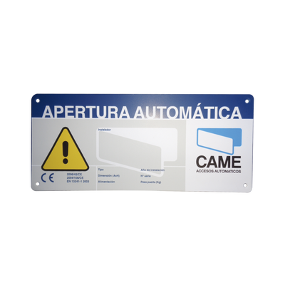 Letrero De Aviso Peligro Para Puertas Automáticas Came