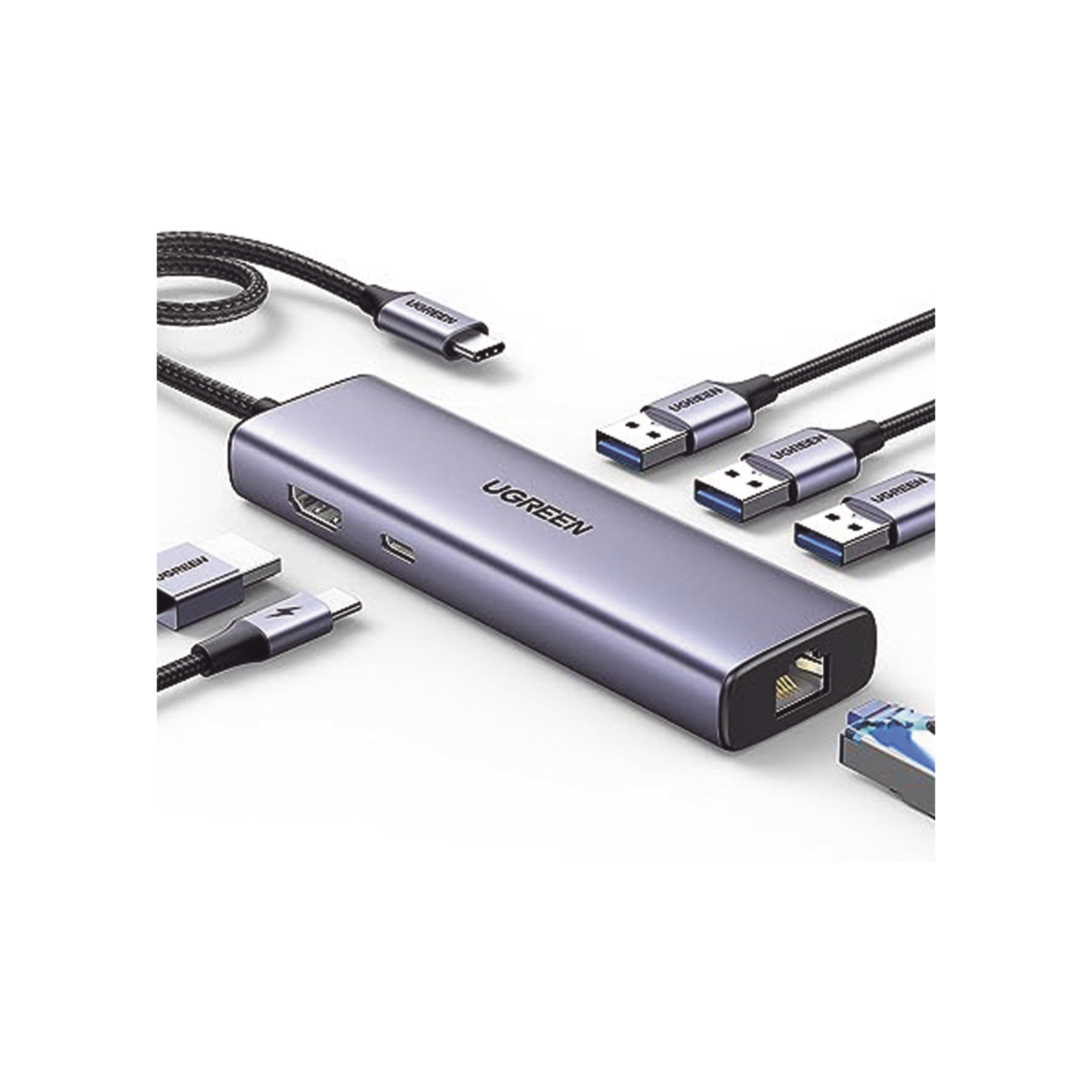HUB USB-C (Docking Revodok) 6 en 1 | 3 Puertos USB-A 3.0 (5 Gbps) | USB-C PD 100W | HDMI 4K@30Hz | Entrada 1 RJ45 (Gigabit Ethernet) | Chip de Última Generación | Potente Disipación de Calor | Caja de Aluminio.