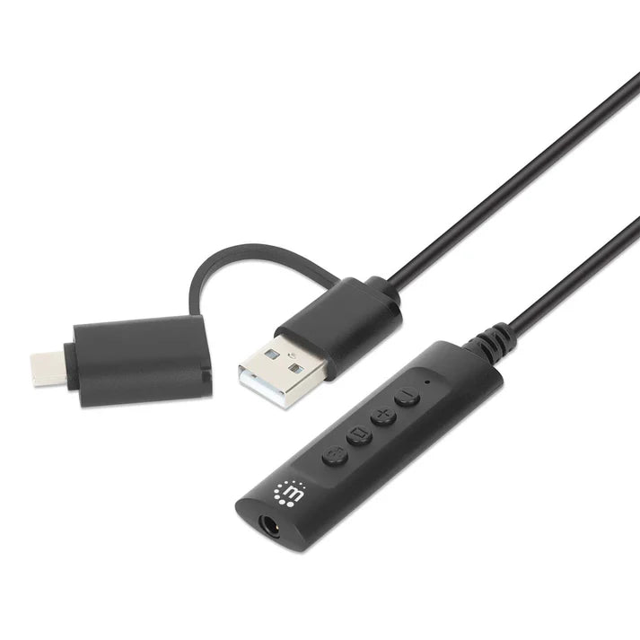 Convertidor Usb, Manhattan,153560, 2.0 / Usb-c A Tarjeta Sonido 3.5 Mm, Cable Con Controles