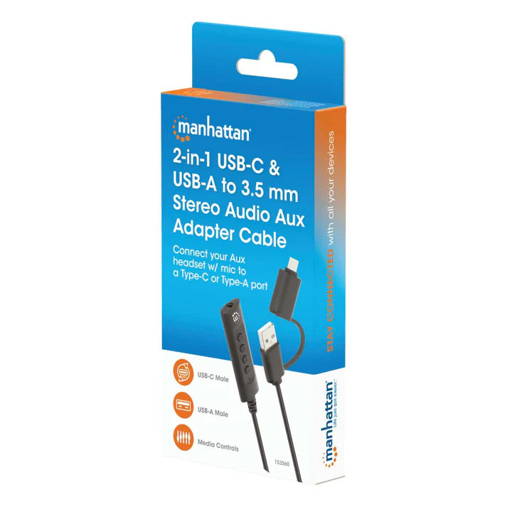 Convertidor Usb, Manhattan,153560, 2.0 / Usb-c A Tarjeta Sonido 3.5 Mm, Cable Con Controles