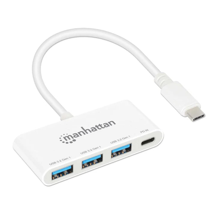 Hub Usb-c,manhattan,168434, 3 Ptos A + 1 Pto C Pd, 5gbps, Blanco