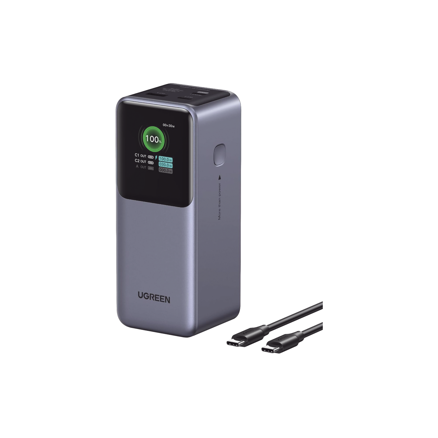 Power Bank de 20000mAh | 3 Salidas 130W Max. | USB-A + 2 USB-C | PD 3.0 | QC3.0 | FCP | SCP | Pantalla Inteligente | Carcasa Ignifuga | Color Gris | Incluye Cable USB de 50cm | Carga tu Laptop de Manera Segura.