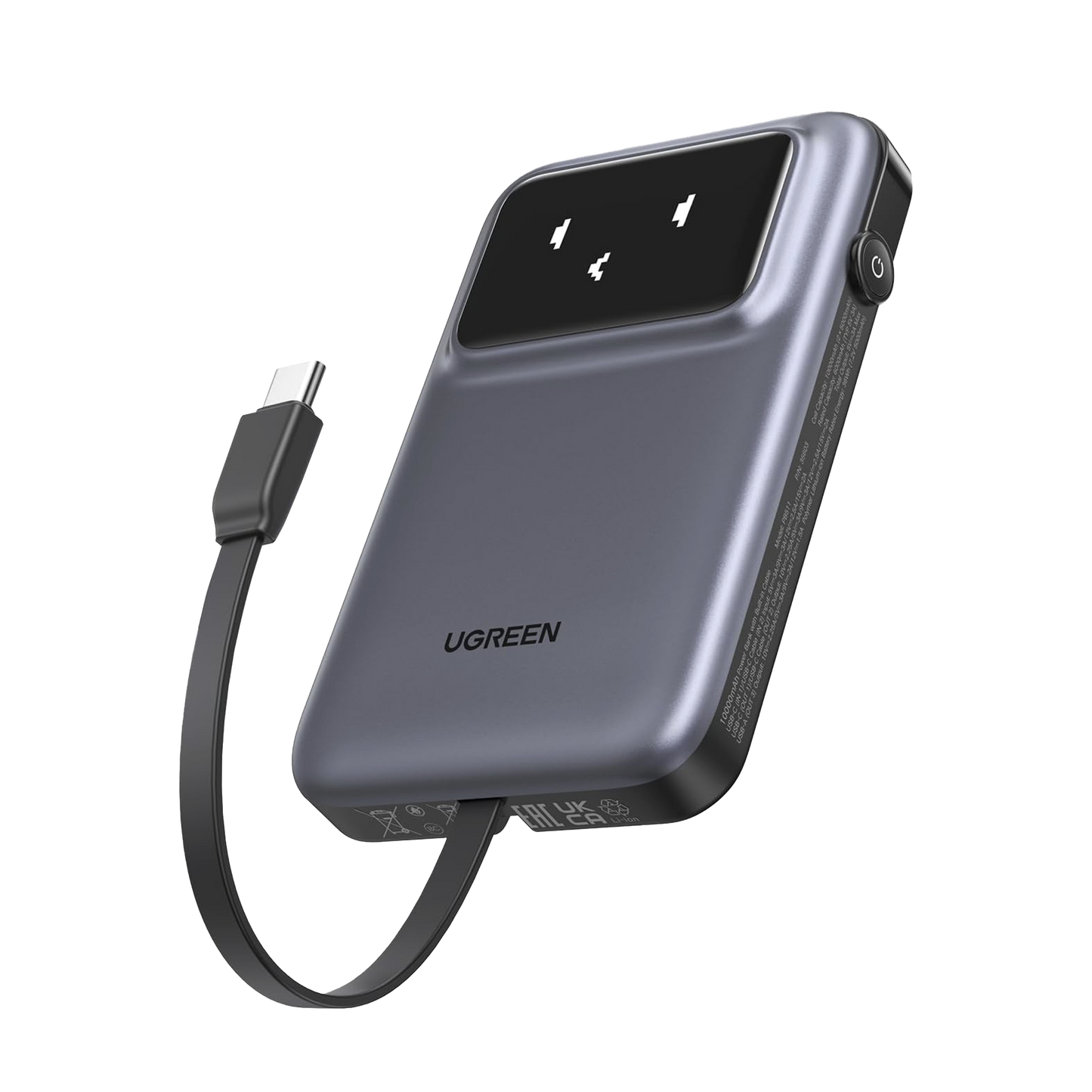 Power Bank Serie Uno | 10000mAh | 30W | con Cable USB-C Incorporado | 2 Salidas 30W Max. | Pantalla Inteligente | Carcasa Ignifuga | Aprobado por Aerolíneas.| Color Grey.