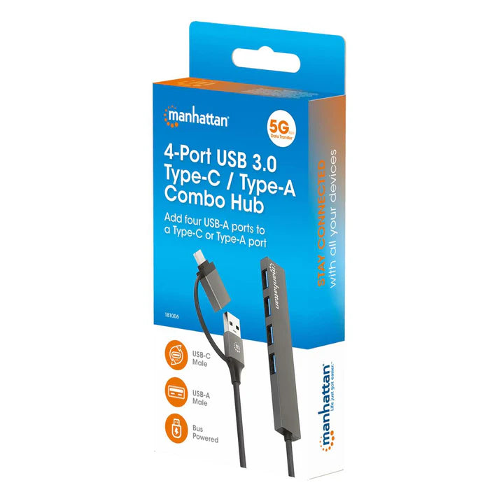Hub/manhattan/181006/ Hub De 4 Puertos Usb-a 3.2 Gen 1 Con Conector Adaptable De Usb-a A Usb-c