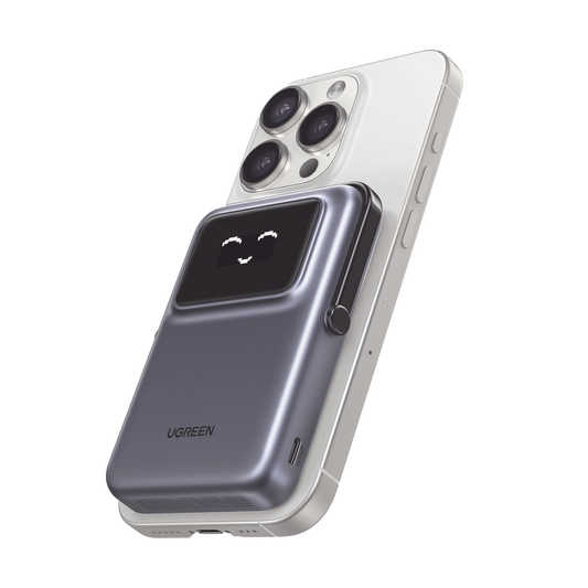 Power Bank Serie UNO Inalambrico | 10000mAh | 7.5W/20W  |  Con Emojis de Estado | Carga Rápida USB-C Bidireccional  | Pantalla TFT  Inteligente | Con Holder | Color Grey.