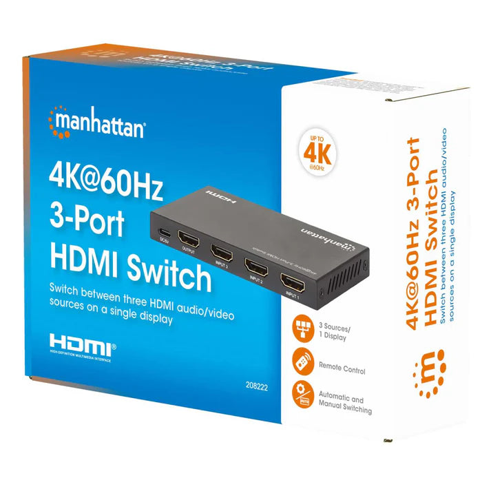 Splitter/manhattan/208222/switch Hdmi 4k@60hz, 3 Entradas Compacto Negro