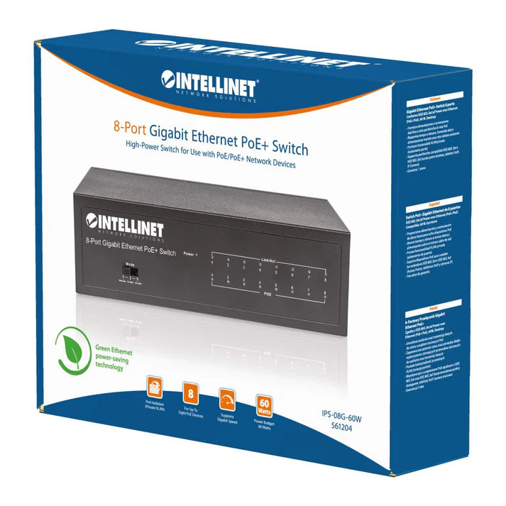 Poe Switch,intellinet,561204, Gb 8 Ptos 30w/pto, 60w