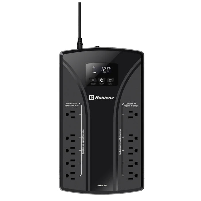 No Break Koblenz 9022 Usb/r 900 Va / 450 W Sustituto 9011 10 Contactos 5 Respaldados, 5 Con Supresion De Picos Hasta 76 Min Con Una Aio, Pantalla Lcd, 3 AÑos De Garanta En Equipo Y 2 En Bateria