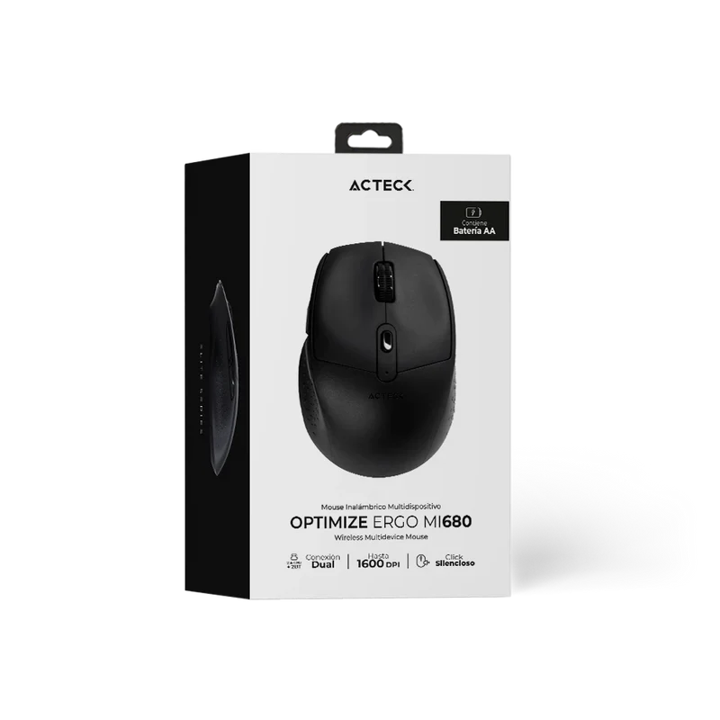 Mouse Acteck Optimize Ergo Mi680 / Inalambrico / Dual / Receptor Usb - Bluetooth / Laser / 1600 Dpi / Negro / Ac-934077