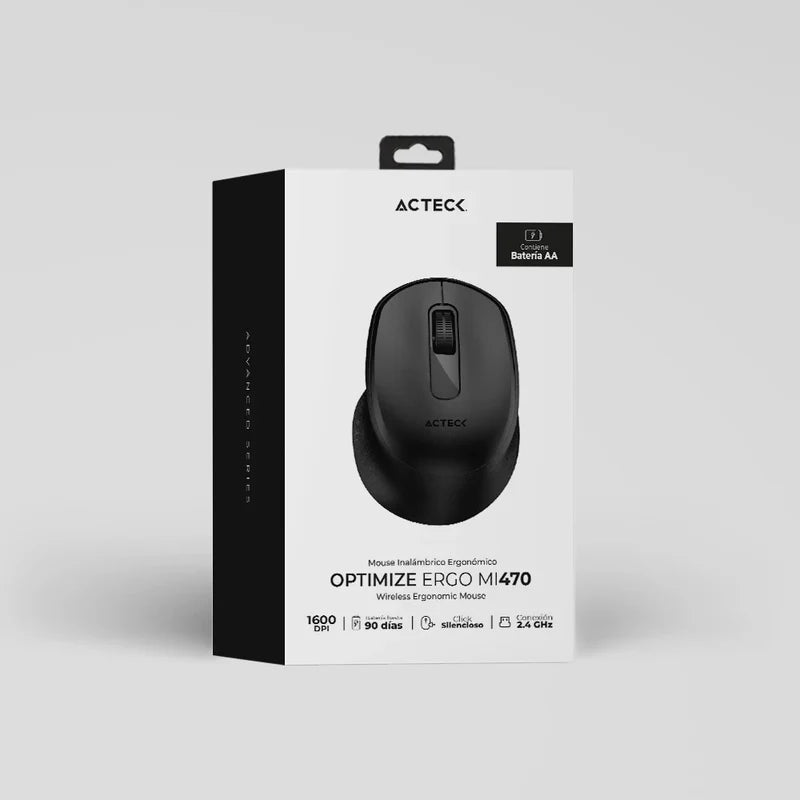 Mouse Acteck Optimize Ergo Mi470 / Inalambrico / Receptor Usb / Optico / 1600 Dpi Ajustable / 2 Botones Scroll / Ergonomico / Click Silencioso / Win Mac / Negro / Ac-934145