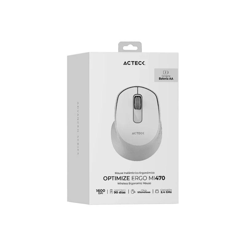 Mouse Acteck Optimize Ergo Mi470 / Inalambrico / Receptor Usb / Optico / 1600 Dpi Ajustable / 2 Botones Scroll / Ergonomico / Click Silencioso / Win Mac / Blanco / Ac-934152