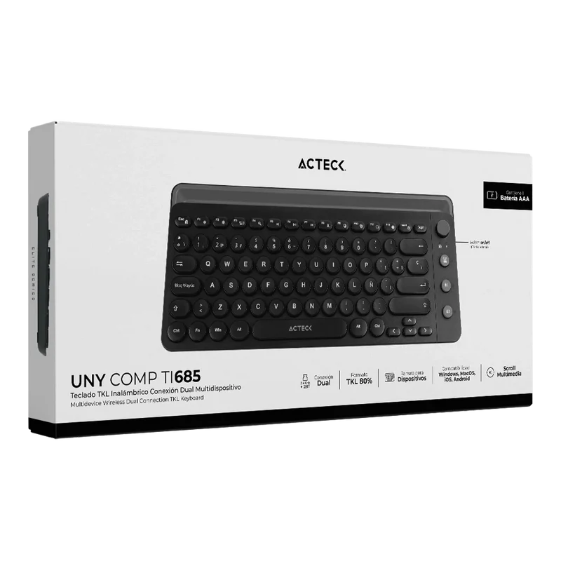 Teclado Acteck Uny Comp Ti685 / Inalambrico / Dual / Multidispositivo / Tkl / EspaÑol / Teclas Multimedia / Ranura Para Dispositivos / 88 Teclas / Negro / Ac-934183