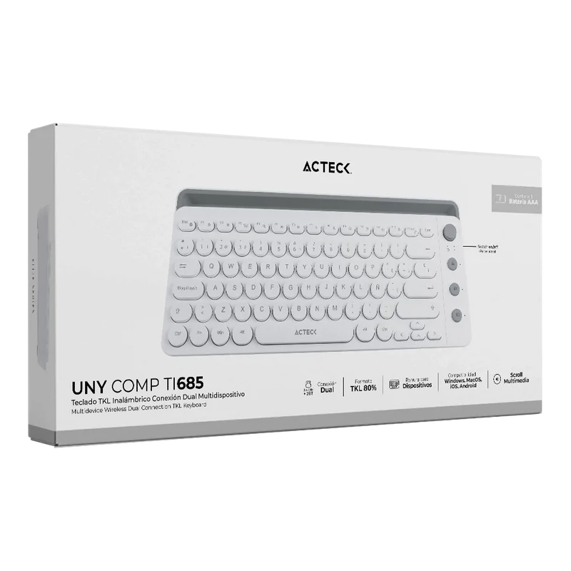 Teclado Acteck Uny Comp Ti685 / Inalambrico / Dual / Multidispositivo / Tkl / EspaÑol / 88 Teclas / Blanco  / Ac-934190