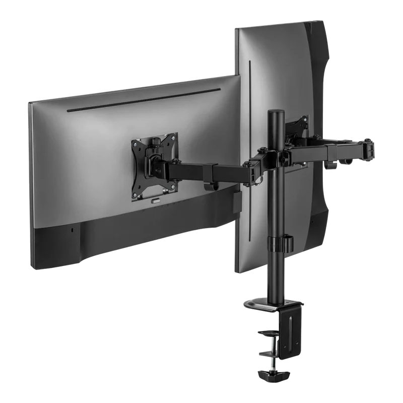 Soporte Doble Para Monitor Acteck Enforce Zone Sm490 / Soporte Vesa  / Fijacion Por Prensa Mecanica / Max 9 Kg Por Brazo / Atornillado / Rotacion 180° / Inclinacion 45° / Negro / Ac-934602