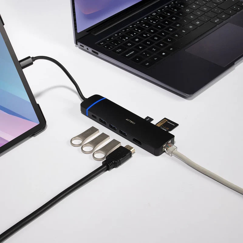 Hub Acteck Gate 8 Dh675 / Usb C / 7 Puertos / Usb C - 3x Usb A - Hdmi - Rj45 - Lector Sd/tf / 15 Cm / Negro / Ac-934626