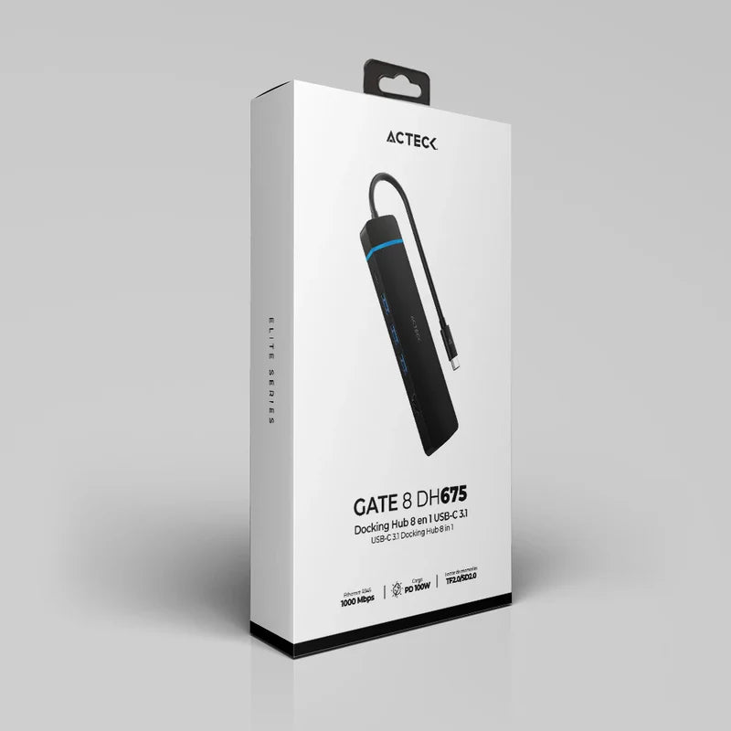 Hub Acteck Gate 8 Dh675 / Usb C / 7 Puertos / Usb C - 3x Usb A - Hdmi - Rj45 - Lector Sd/tf / 15 Cm / Negro / Ac-934626