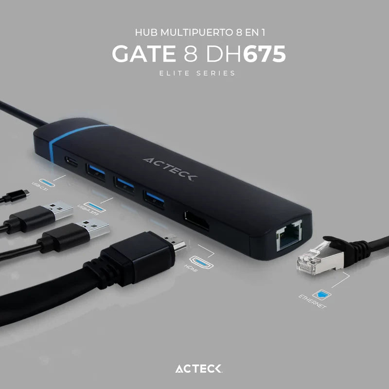 Hub Acteck Gate 8 Dh675 / Usb C / 7 Puertos / Usb C - 3x Usb A - Hdmi - Rj45 - Lector Sd/tf / 15 Cm / Negro / Ac-934626