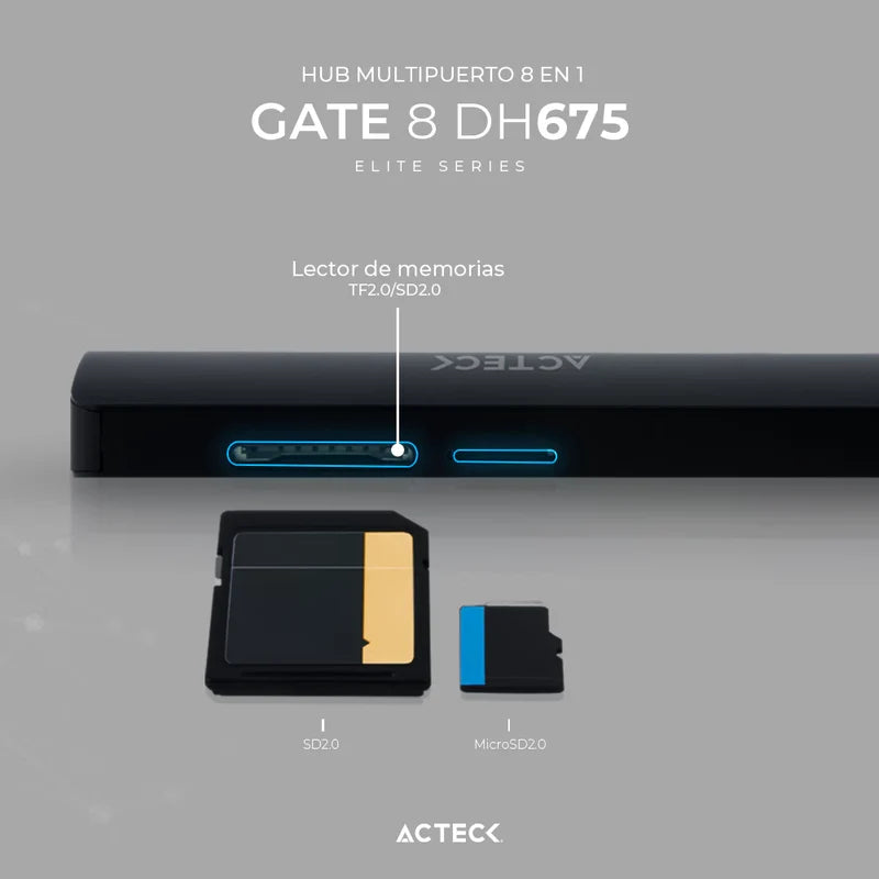 Hub Acteck Gate 8 Dh675 / Usb C / 7 Puertos / Usb C - 3x Usb A - Hdmi - Rj45 - Lector Sd/tf / 15 Cm / Negro / Ac-934626