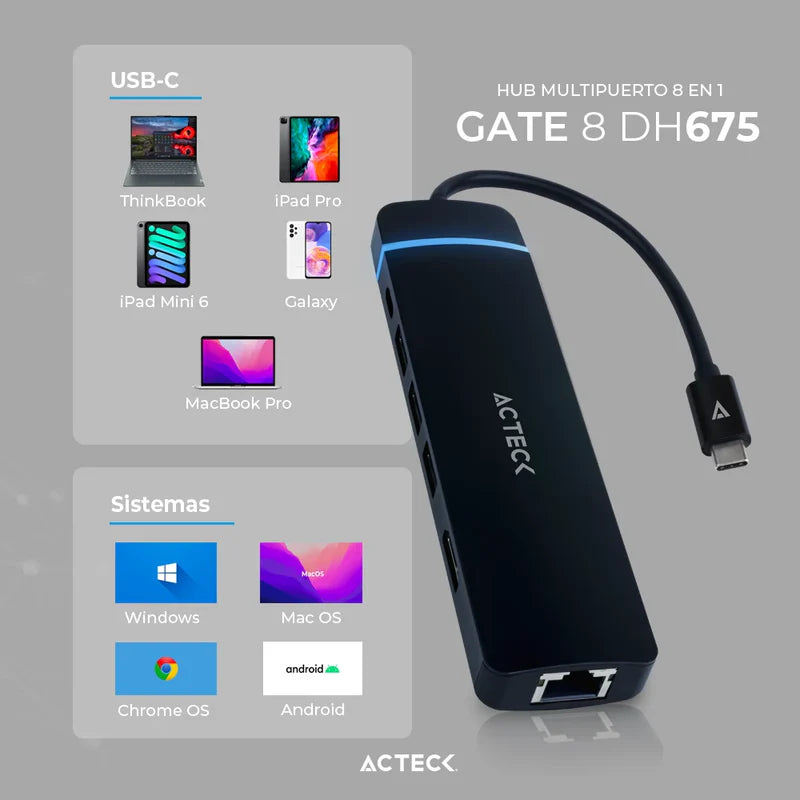Hub Acteck Gate 8 Dh675 / Usb C / 7 Puertos / Usb C - 3x Usb A - Hdmi - Rj45 - Lector Sd/tf / 15 Cm / Negro / Ac-934626