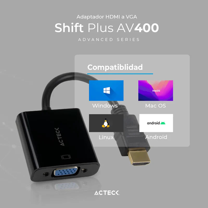 Adaptador Acteck Shift Plus Av400 / Hdmi A Vga / 20 Cm / 4k / Negro / Ac-934756