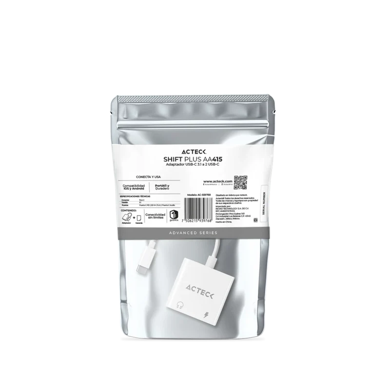 Adaptador Acteck Shift Plus Aa415 / Usb C - 2x Usb C / Audio - Tipo C Dp / Android - Ios / Blanco / Ac-939768