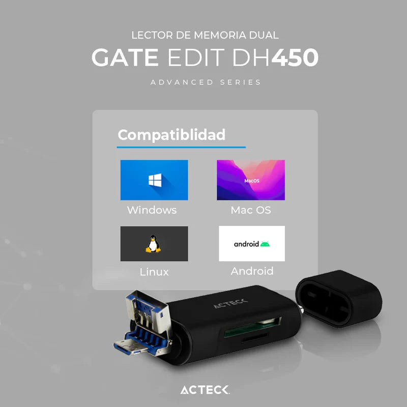 Lector De Memoria Dual Acteck / Usb A - Usb C / Micro Sd/tf / Negro / Ac-934824