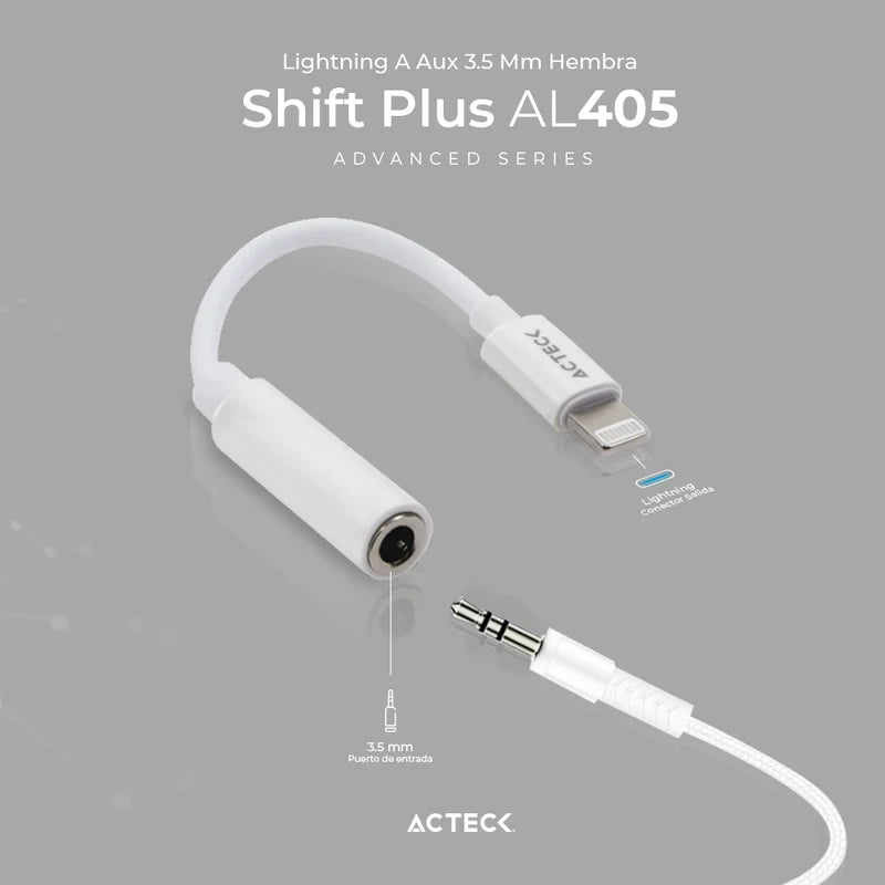 Adaptador Acteck Shift Plus Al405 / Lightning A Aux 3.5 Mm / 11 Cm / Blanco / Ac-934848