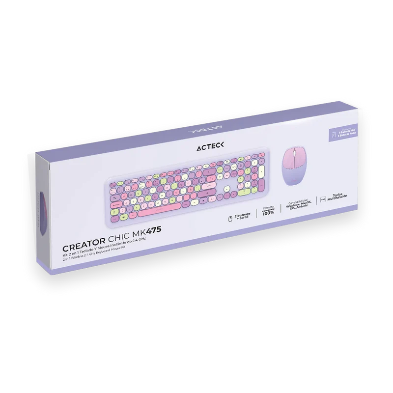 Kit 2 En 1 Teclado Y Mouse Inalambrico Creator Chic Mk47 / 110 Teclas / Membrana / Raton Optico / Usb 2.4 Ghz / 2 Botones Scroll / Morado / Ac-935173