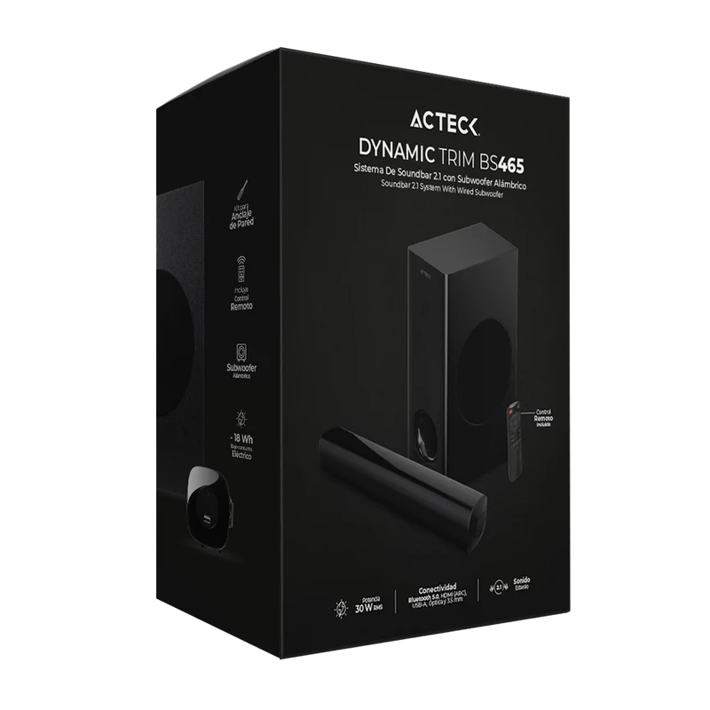 Barra De Sonido Acteck Dynamic Trim Bs465 / Subwoofer Alambrico / Bluetooth / Hdmi / Ptico / 60w / Alimentacin 110v / Negro / Ac-935234