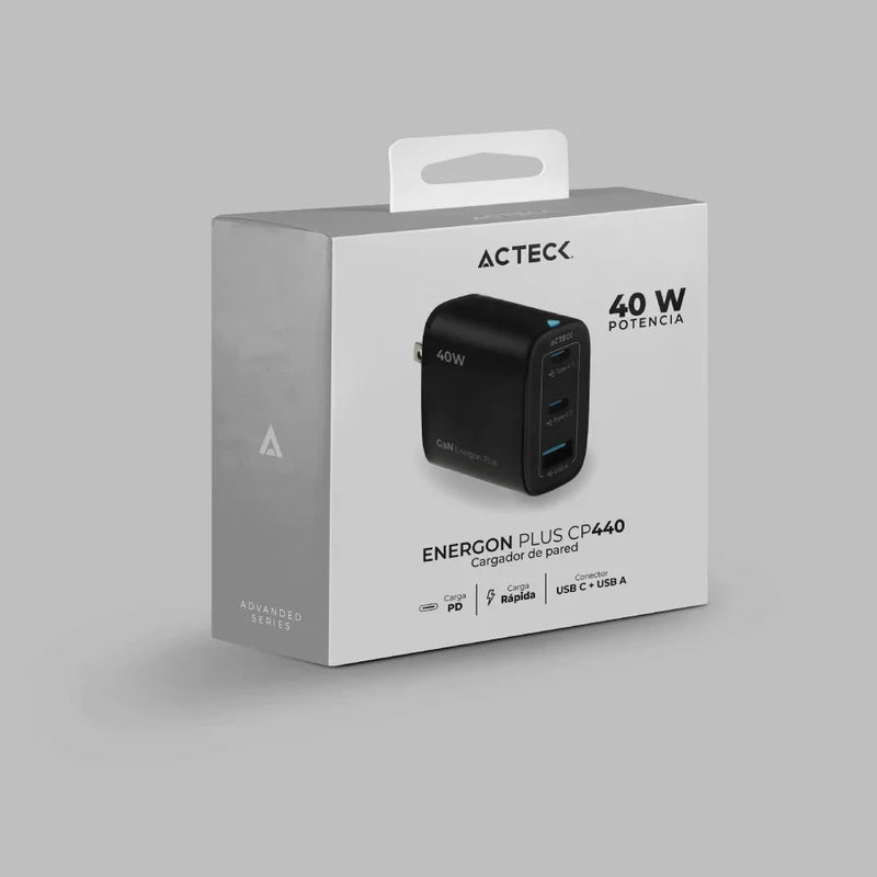 Cargador De Pared Acteck Energon Plus Cp38w / 38 W / Carga Rapida / Usb C - 20 W / Usb A - 18 W / Garantia 1 AÑo / Negro / Ac-935562