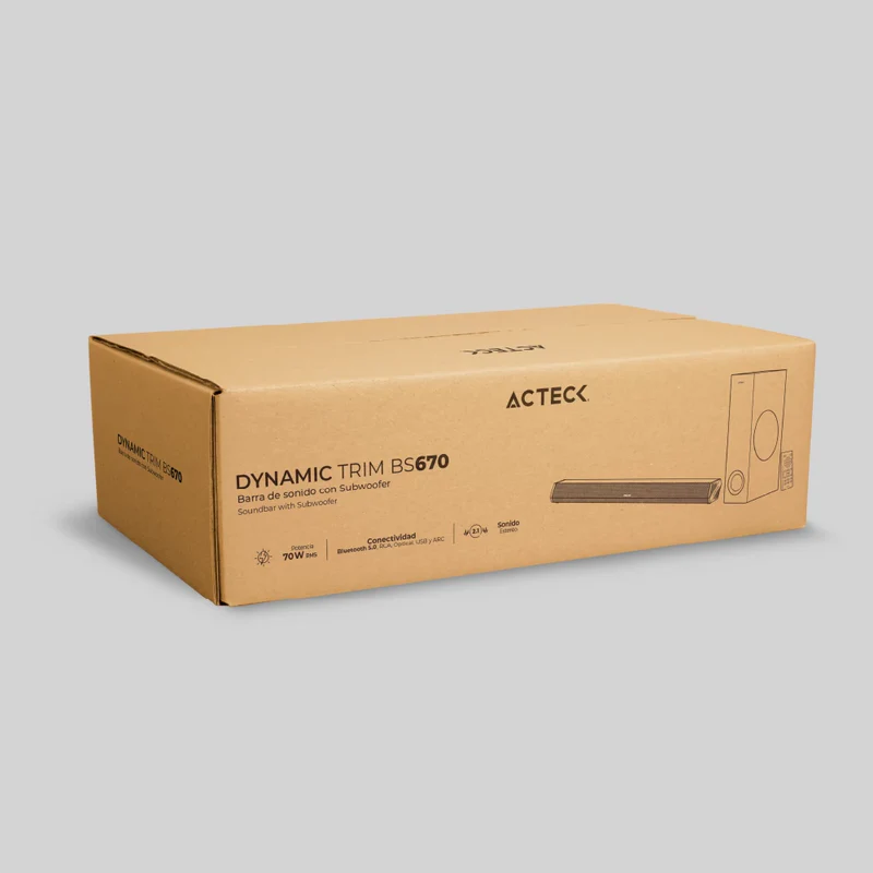 Barra De Sonido Acteck Dynamic Trim Bs670 / Subwoofer / Sonido Estereo / 70 W Rms / Bluetooth + Hdmi Arc + Optico + Aux 3.5mm + Usb / Led Indicador / Control Incluido / Negro / Ac-935913