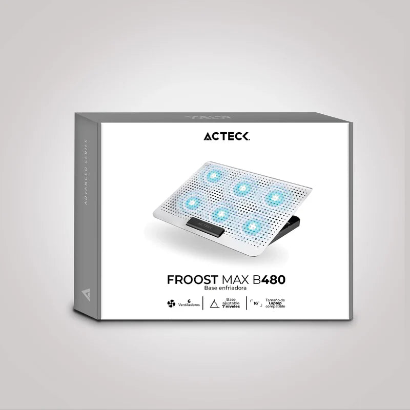 Base Enfriadora Acteck Froost Max B480 / 2 Puertos Usb / 16 Pulgadas / 7 Niveles / 6 Ventiladores 10 W Rms / Aluminio / Antiderrapante / Blanco / Ac-936163