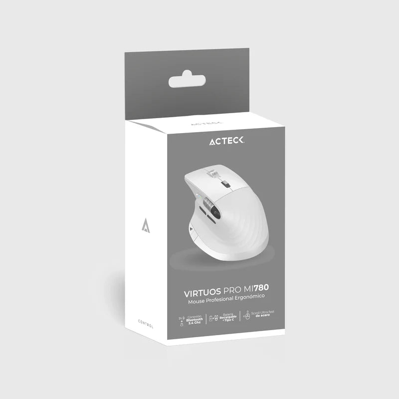 Mouse Acteck Virtuos Pro Mi780 / Vertical / Inalambrico / Dual Bluetooth Usb / Recargable / Scroll Horizontal / Optico / 8 Botones / 3200 Dpi Ajustable / Blanco / Ac-936194