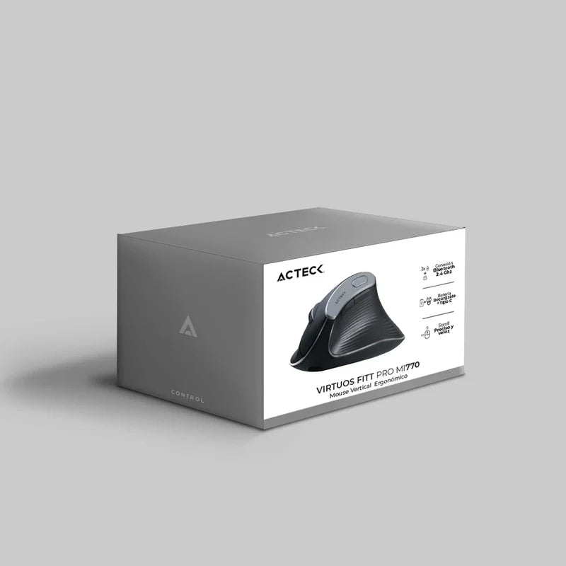Mouse Acteck Virtuos Fitt Pro Mi770 / Vertical / Ergonomico / Inalambrico / Dual - Usb - Bluetooth / Recargable / Optico / 2400 Dpi Ajustable / 8 Botones Scroll / Negro / Ac-936200