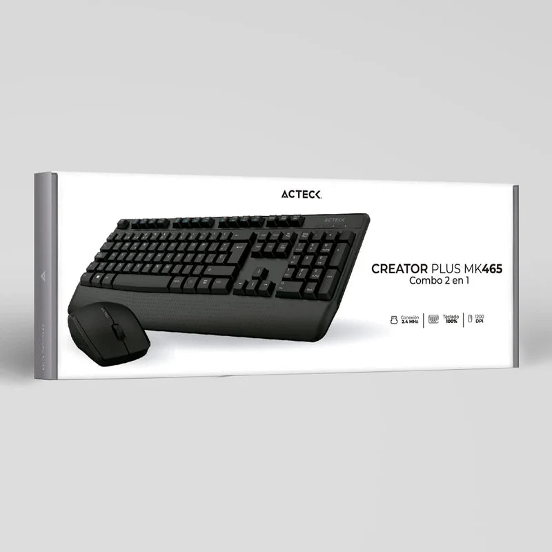 Kit Acteck Creator Plus Mk465 / Teclado Y Mouse / Inalambrico / Receptor Usb / 105 Teclas / Ergonomico - Multifuncion / Win - Mac - Ios - Android / Optico / 1200 Dpi / 3 Botones / Negro / Ac-936354