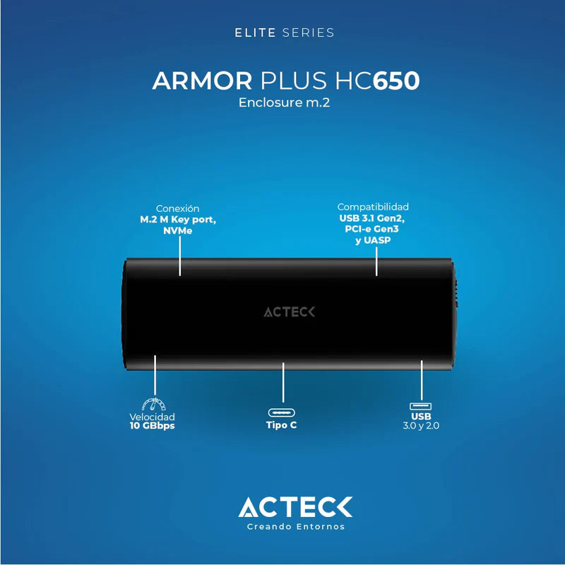 Carcasa Case Enclosure Acteck Armor Plus Hc650 / Disco Duro Ssd M.2 / M.2 M Key Port - Nvme / Compatible Usb 3.1 - Pci-e - Uasp / 10 Gbps / Led Azul / Aluminio / Max 4 Tb / Negro / Ac-936460
