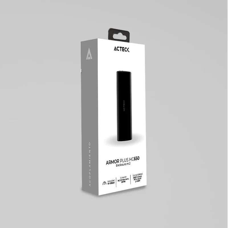 Carcasa Case Enclosure Acteck Armor Plus Hc650 / Disco Duro Ssd M.2 / M.2 M Key Port - Nvme / Compatible Usb 3.1 - Pci-e - Uasp / 10 Gbps / Led Azul / Aluminio / Max 4 Tb / Negro / Ac-936460