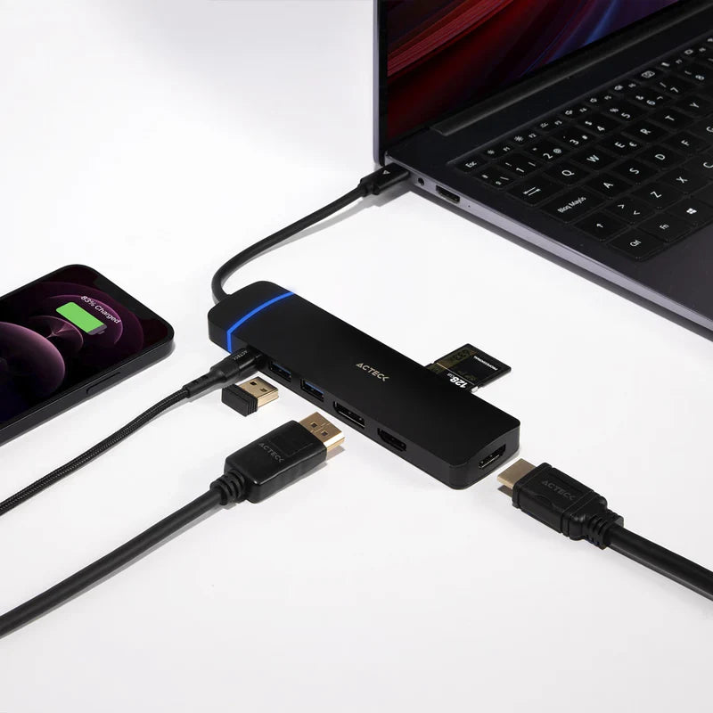 Hub Acteck Gate 8v Dh676 / 8 En 1 / Entrada Usb C / Hdmi 4k 30 Hz / Sd-tf 480 Mb / Dp Tipo C 100w / Usb 3.0 / Dp 10.2 Gbps / Win - Mac - Linux / Negro / Ac-936477