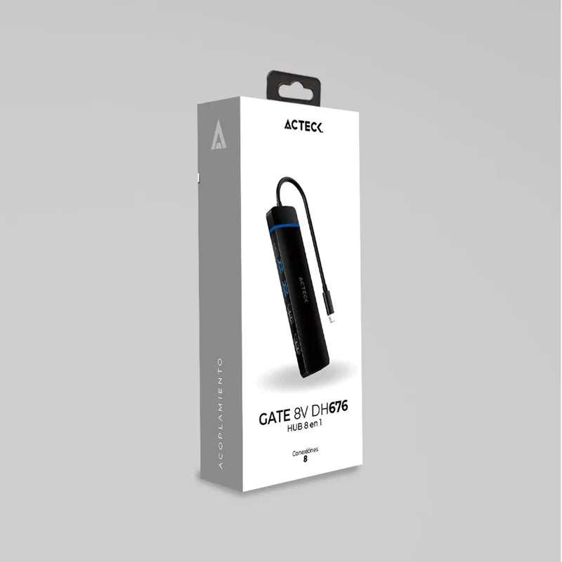 Hub Acteck Gate 8v Dh676 / 8 En 1 / Entrada Usb C / Hdmi 4k 30 Hz / Sd-tf 480 Mb / Dp Tipo C 100w / Usb 3.0 / Dp 10.2 Gbps / Win - Mac - Linux / Negro / Ac-936477