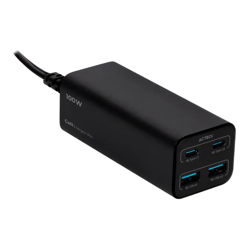 Cargador Acteck Energon Pro Ce717 / De Pared Para Escritorio / Carga Rapida / 100 W / 2x Usb C + 2x Usb A / Negro / Ac-936491
