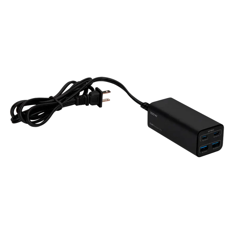 Cargador Acteck Energon Pro Ce717 / De Pared Para Escritorio / Carga Rapida / 100 W / 2x Usb C + 2x Usb A / Negro / Ac-936491