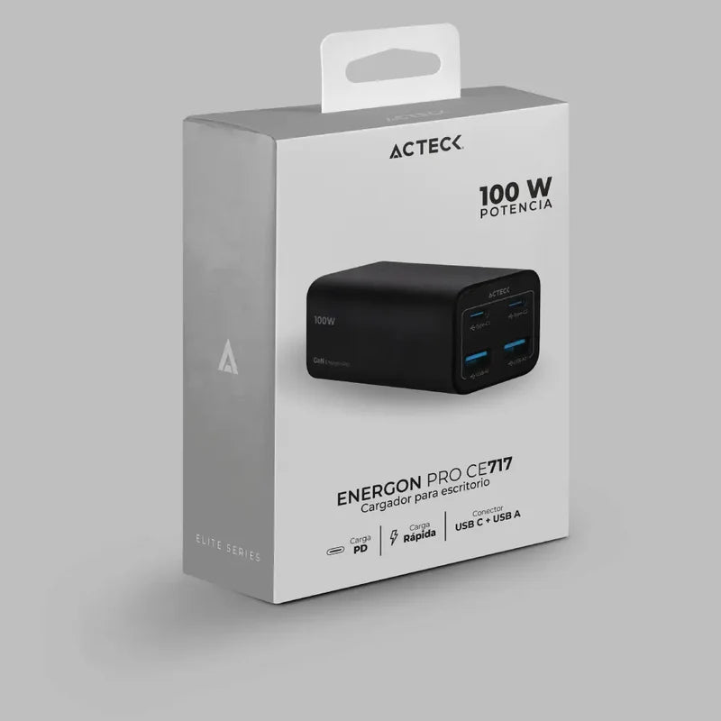 Cargador Acteck Energon Pro Ce717 / De Pared Para Escritorio / Carga Rapida / 100 W / 2x Usb C + 2x Usb A / Negro / Ac-936491