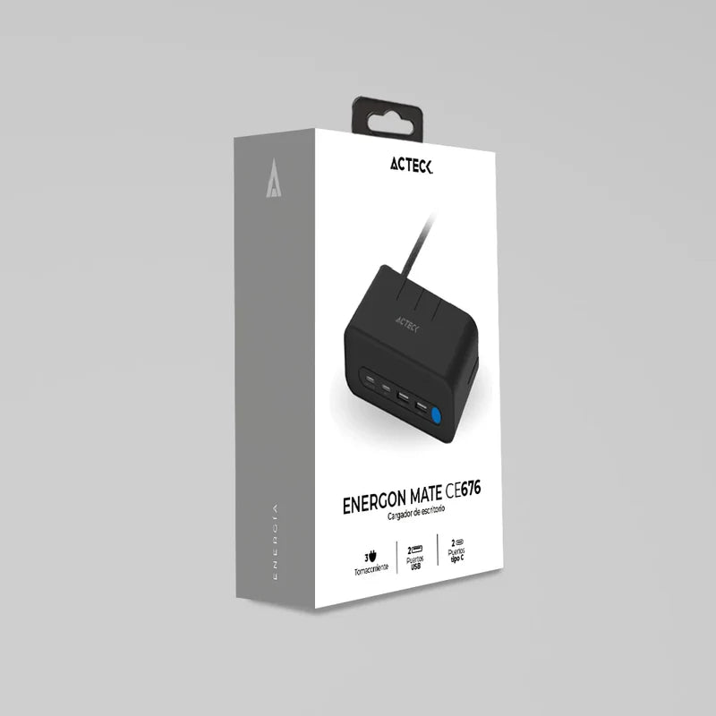 Cargador Acteck Energon Mate Ce676 / Extensin De Escritorio / 2 X Usb / 2 X Tipo C / 3 X Contactos / Supresor De Picos / Indicador Led / Resistente Al Fuego / 1.85 M / Ac-936514