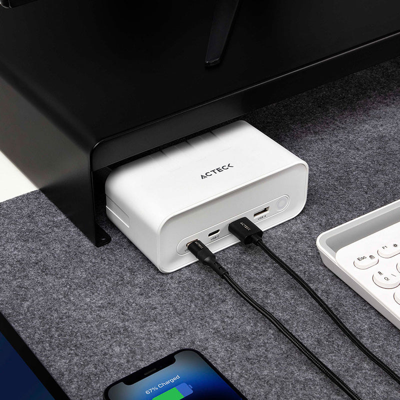 Cargador Acteck Energon Mate Ce676 / ExtensiÓn De Escritorio / 2 X Usb / 2 X Tipo C / 3 X Contactos / Supresor De Picos / Blanco / Indicador Led / Resistente Al Fuego / 1.85 M / Ac-936521