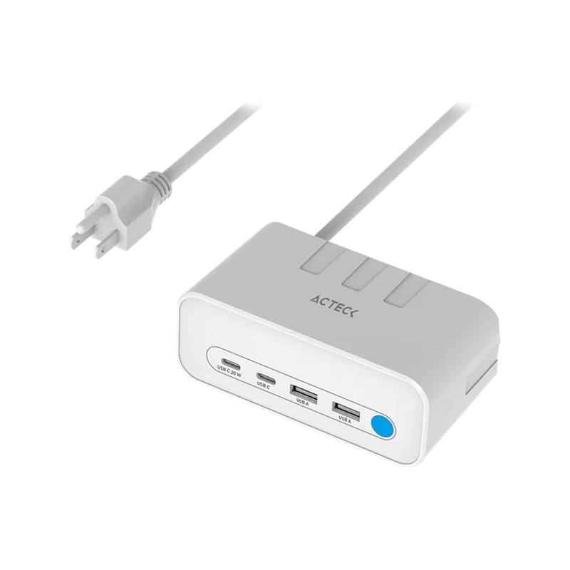 Cargador Acteck Energon Mate Ce676 / ExtensiÓn De Escritorio / 2 X Usb / 2 X Tipo C / 3 X Contactos / Supresor De Picos / Blanco / Indicador Led / Resistente Al Fuego / 1.85 M / Ac-936521
