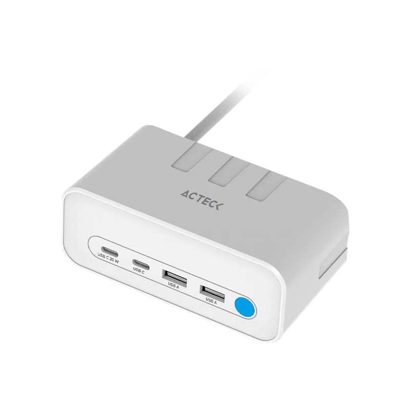 Cargador Acteck Energon Mate Ce676 / ExtensiÓn De Escritorio / 2 X Usb / 2 X Tipo C / 3 X Contactos / Supresor De Picos / Blanco / Indicador Led / Resistente Al Fuego / 1.85 M / Ac-936521