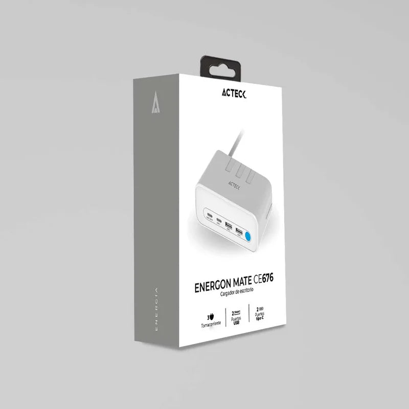 Cargador Acteck Energon Mate Ce676 / ExtensiÓn De Escritorio / 2 X Usb / 2 X Tipo C / 3 X Contactos / Supresor De Picos / Blanco / Indicador Led / Resistente Al Fuego / 1.85 M / Ac-936521
