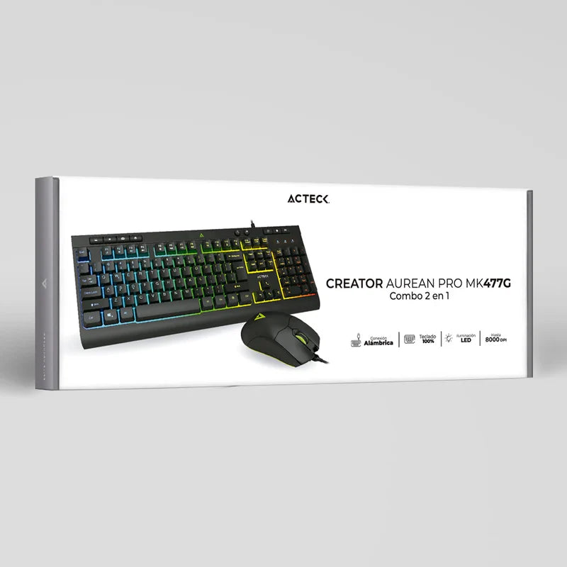 Kit Acteck Creator Aurean Pro Mk477g / Teclado Y Mouse / Alambrico / Iluminacion Led / 105 Teclas / Anti-gosting / Multimedia / Optico / 8000 Dpi Ajustable / 7 Botones / Negro / Ac-936750